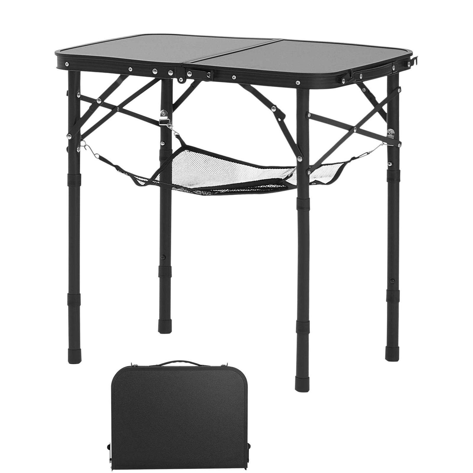 Camping Cooking Table - โต๊ะพับสำหรับตั้งแคมป์ ปรับระดับความสูงได้ โต๊ะข้างพกพา โต๊ะชายหาดทำจากอะลูมิเนียมและไม้ MDF พร้อมชั้นตาข่าย