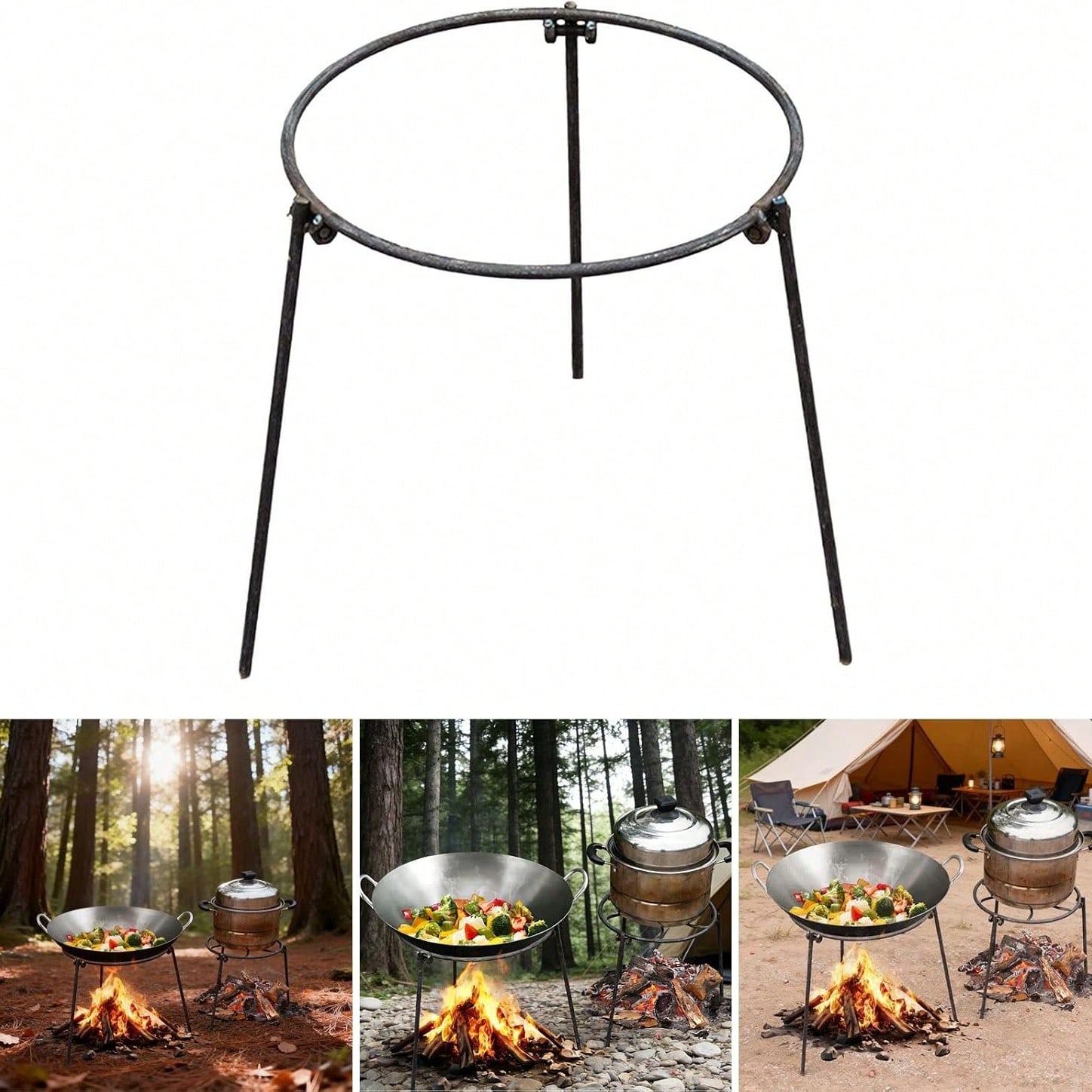 Camping Hiking Cooking - ขาตั้งสามขาแบบพกพาสำหรับตั้งแคมป์กลางแจ้ง พร้อมขาที่ปรับระดับได้, ขาตั้งเตาปิ้งย่างสำหรับกองไฟแบบถอดประกอบได้, ตะแกรงสำหรับทำอาหารน้ำหนักเบา เหมาะสำหรับการปิ้งย่างในสวนหลังบ้านหรือบนภูเขา, อุปกรณ์เอาตัวรอดอเนกประสงค์สำหรับการเดินป่าและปิกนิก